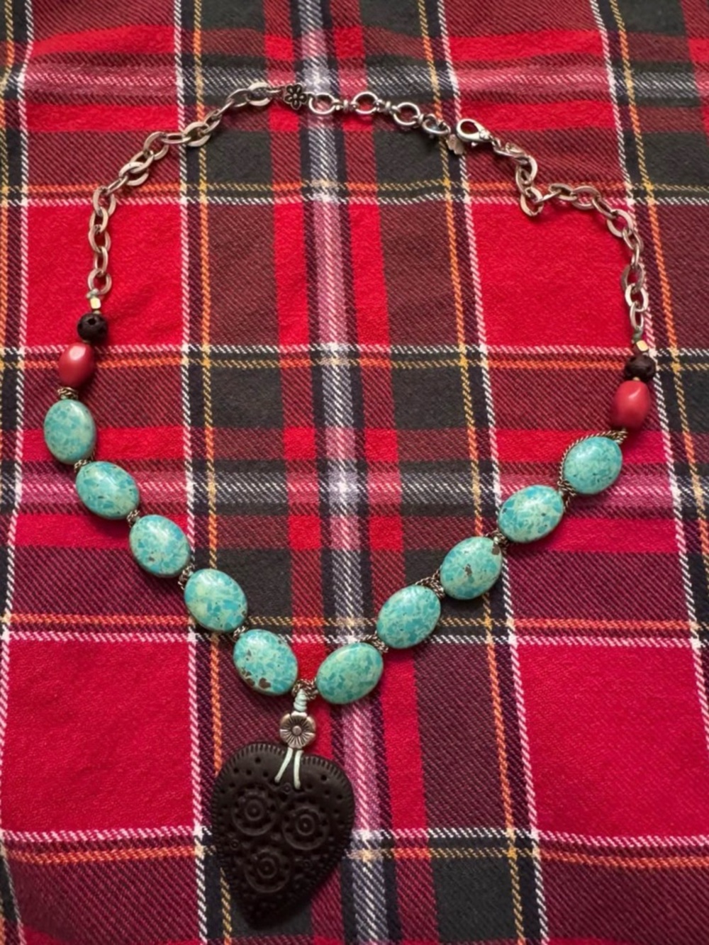 Lucky Brand Turquoise Bead Necklace with Dark Heart Pendant